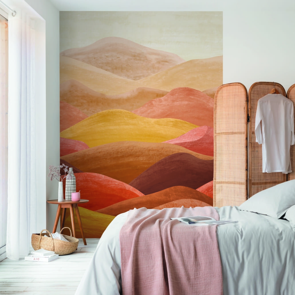 Fotobehang van caselio met zonnige print in de slaapkamer